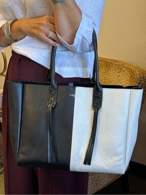 💯Auth! LANVIN Black & White Leather Tote/Shoulder Bag w Tassels & Gold Hardware